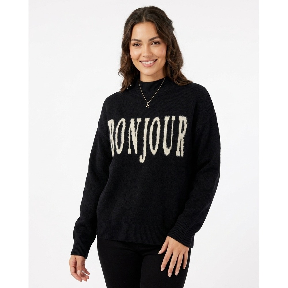 Black Bonjour Knit Sweater Mock Neck Fuzzy‎ Texturized Women's Medium